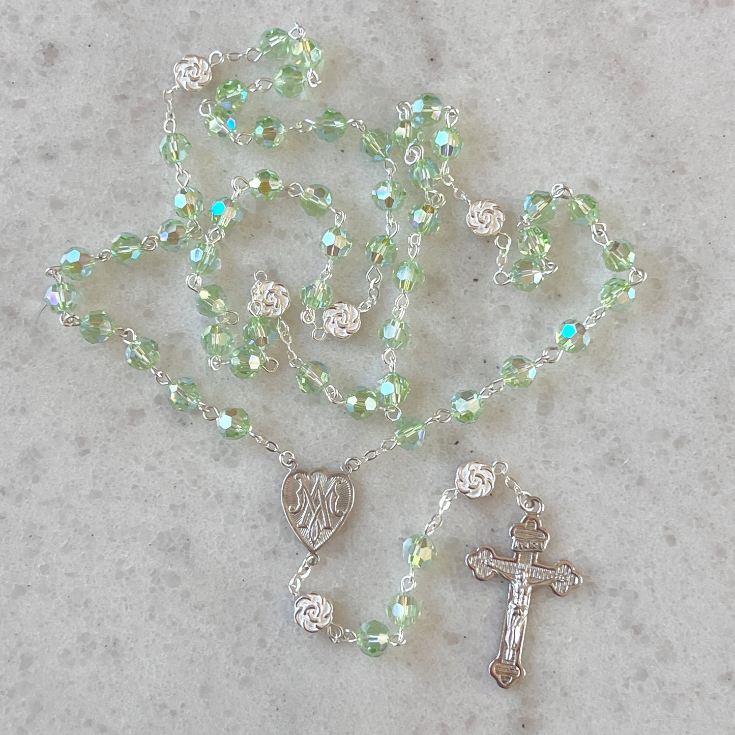 Petite Sterling Silver & Crystal Rosary- Light Green