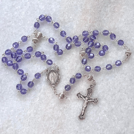 Petite Sterling Silver & Crystal Rosary- Purple